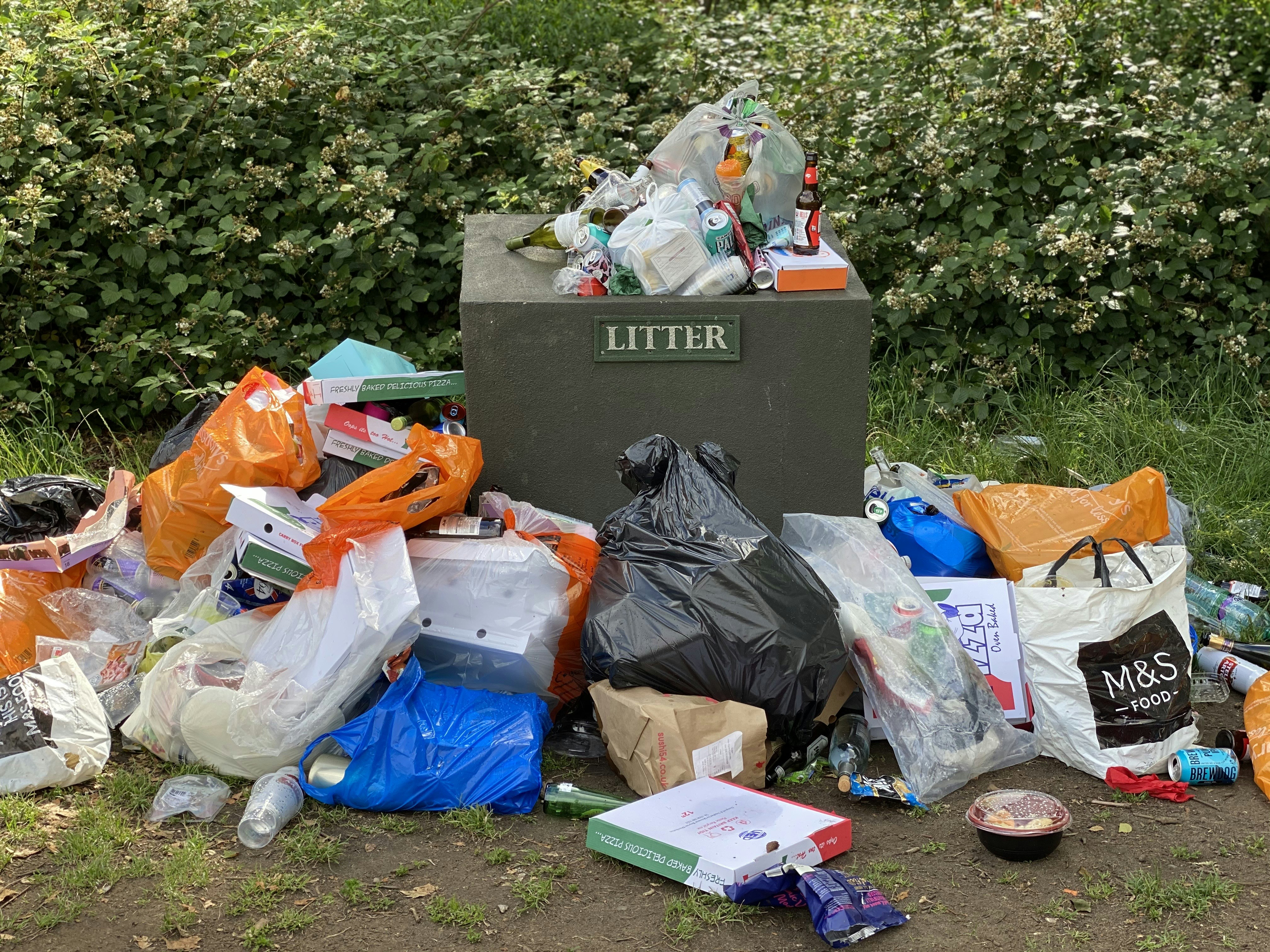picture of medium size pile of junk overflowing out of a container established for litter.